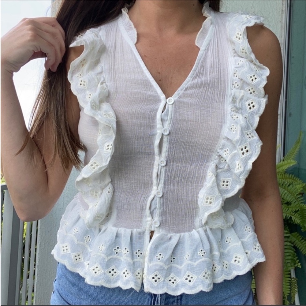 Rebellion White Dainty Ruffle Button Tank Top